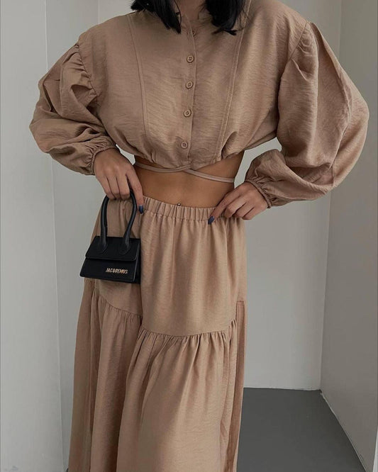 NTG Fad SUIT Camel / S New tie-up long-sleeve top pleated slit skirt suit