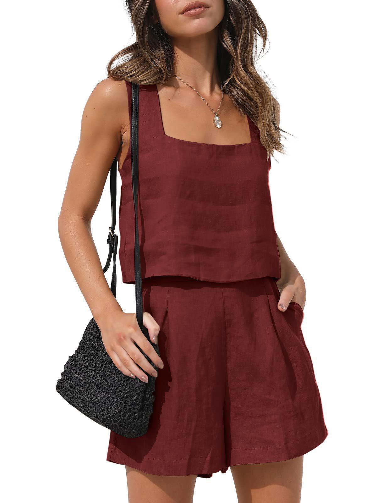 NTG Fad SUIT Claret / S 2 Piece Casual Set Linen Shorts Sleeveless Top Vest