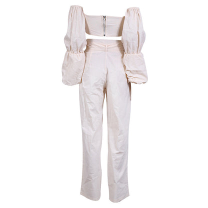NTG Fad SUIT Cotton Linen One Shoulder Top Casual Pants Set
