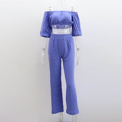 NTG Fad SUIT dark blue / S One word collar top + casual straight pants set