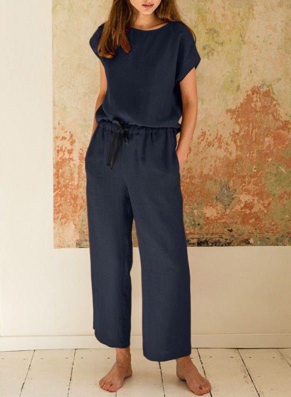 NTG Fad SUIT dark blue / S Round Neck Short Sleeve Drawstring Wide Leg Trousers Casual Set