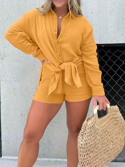 NTG Fad SUIT Ginger yellow / S 2023 Pleated long-sleeved shirt, high-waisted shorts, fashionable and casual two-piece set