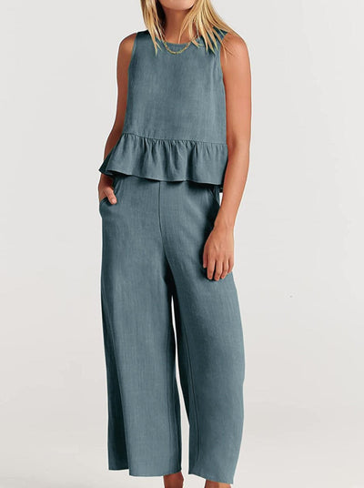NTG Fad SUIT gray blue / S Sleeveless pleated vest wide-leg cropped pants casual suit