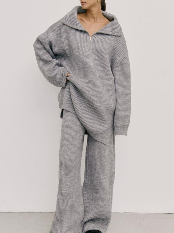 NTG Fad SUIT Gray / One size Half-zip lazy knit sweater and trousers set