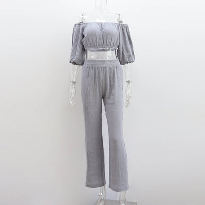 NTG Fad SUIT gray / S One word collar top + casual straight pants set