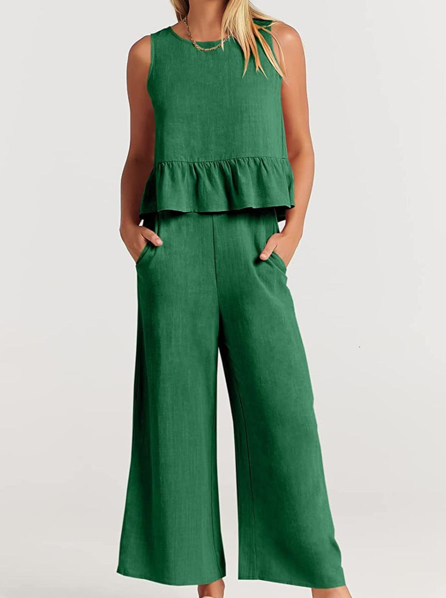 NTG Fad SUIT green / L Sleeveless pleated vest wide-leg cropped pants casual suit