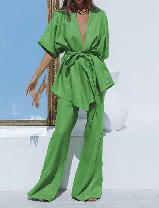 NTG Fad SUIT Green / L Two-piece short-sleeved cotton and linen trousers with belt