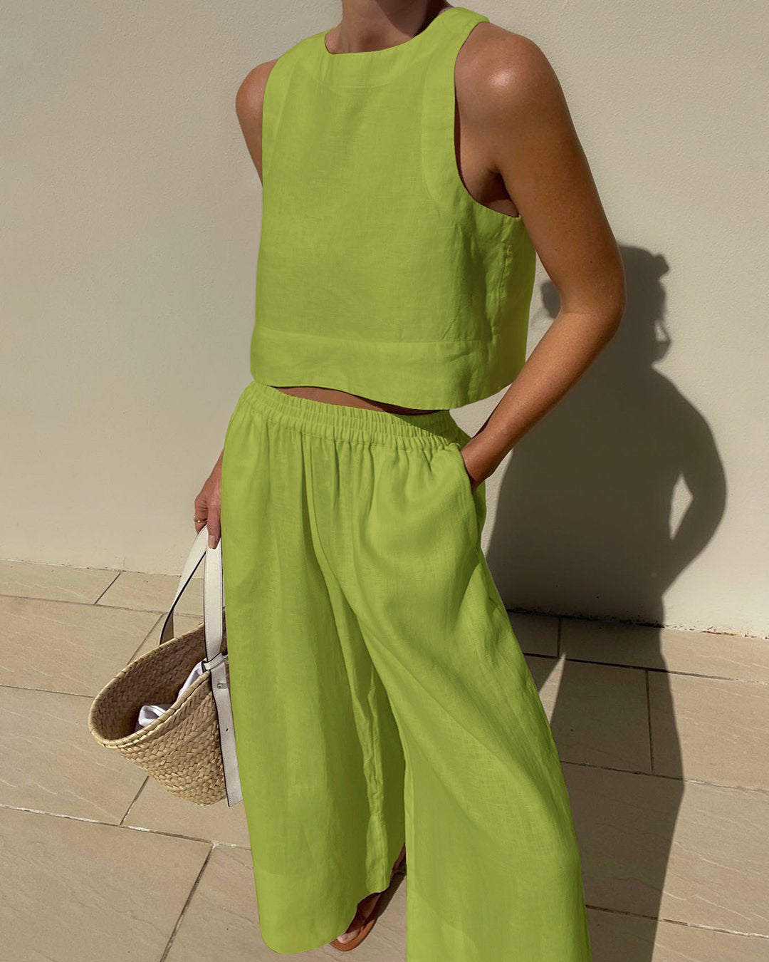 NTG Fad SUIT Green / S Chic Solid Linen Sleeveless 2-Piece Set