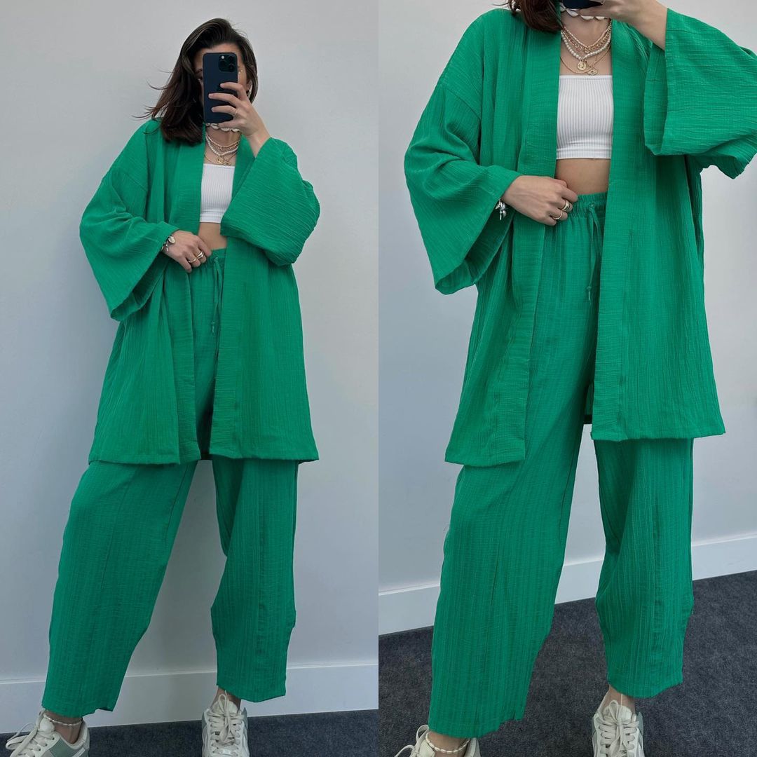 NTG Fad SUIT Green / S Cotton and linen loose long-sleeved casual suit home clothes