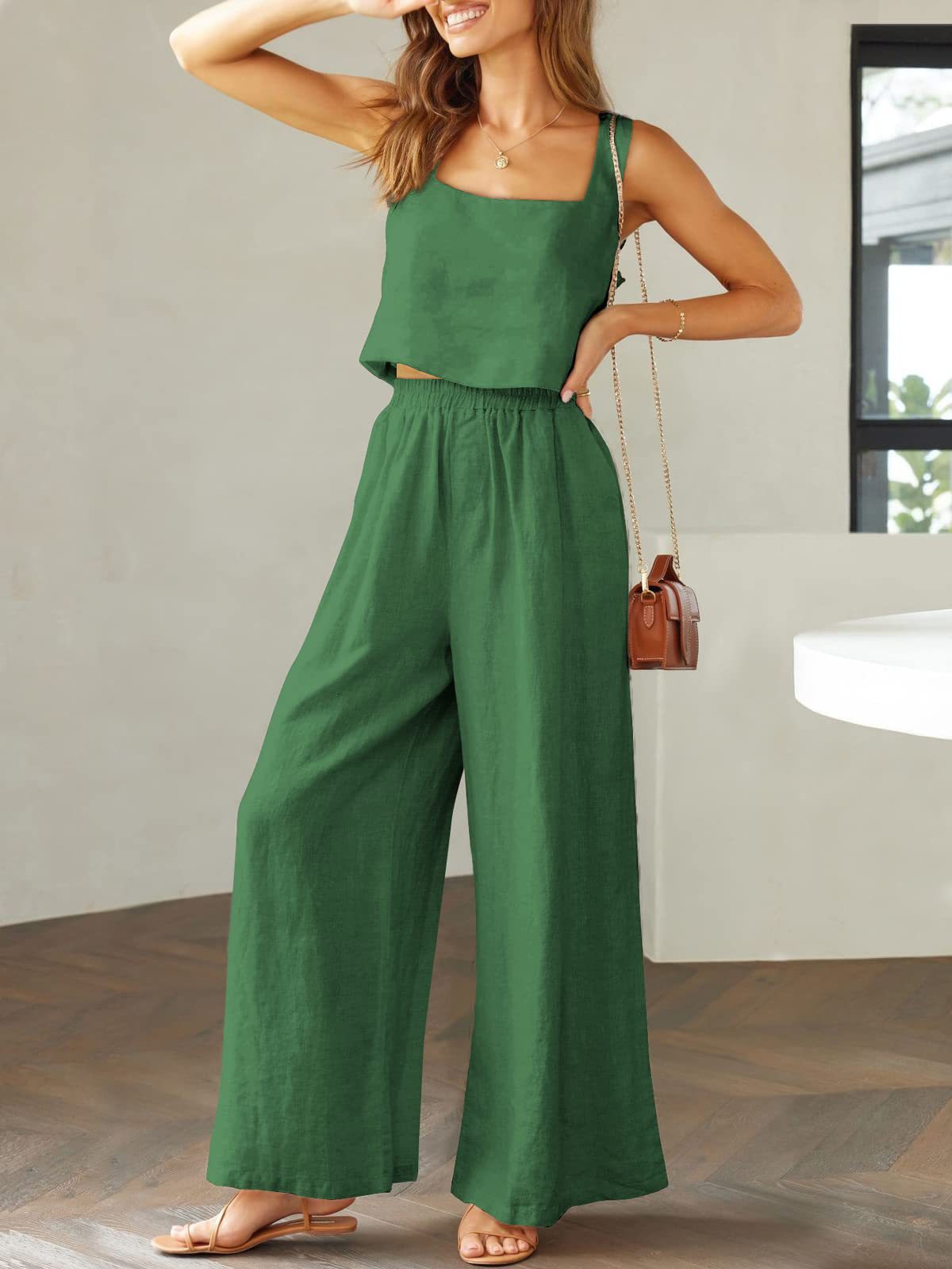 NTG Fad SUIT Green / S Cotton linen sleeveless camisole wide-leg trousers casual suit