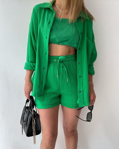 NTG Fad SUIT Green / S Crepe Lapel Long Sleeve Shirt High Waist Drawstring Shorts Casual Two-Piece Set