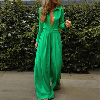NTG Fad SUIT Green / S Solid color shirt loose trousers two piece set