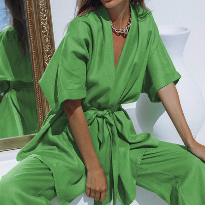 NTG Fad SUIT Green / S Two-piece short-sleeved cotton and linen trousers with belt
