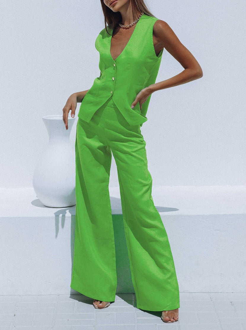 NTG Fad SUIT Green / S V-neck vest and trousers two-piece set