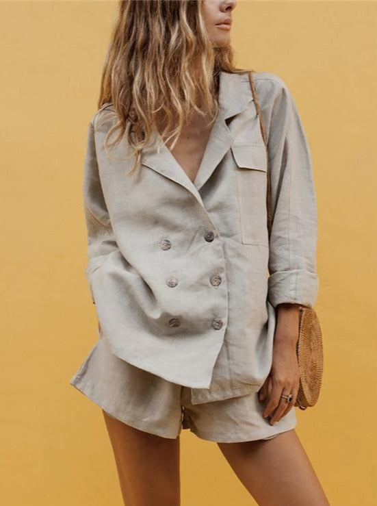 NTG Fad SUIT Grey / XL-(US12) Cotton And Linen Double-Breasted Temperament Suit Shorts Suit