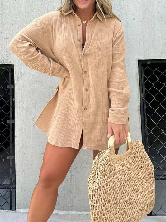 NTG Fad SUIT Khaki / S 2023 Pleated long-sleeved shirt, high-waisted shorts, fashionable and casual two-piece set