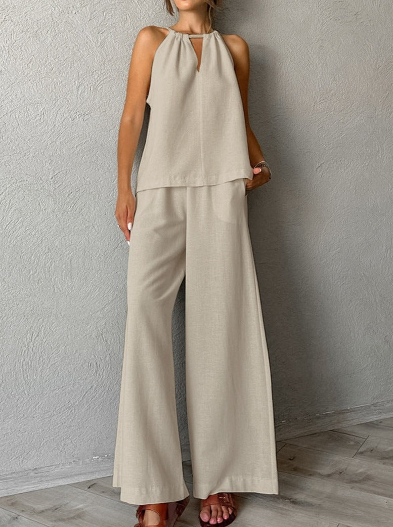 NTG Fad SUIT Khaki / S Cotton and linen holiday style loose halter neck vest trousers two-piece set