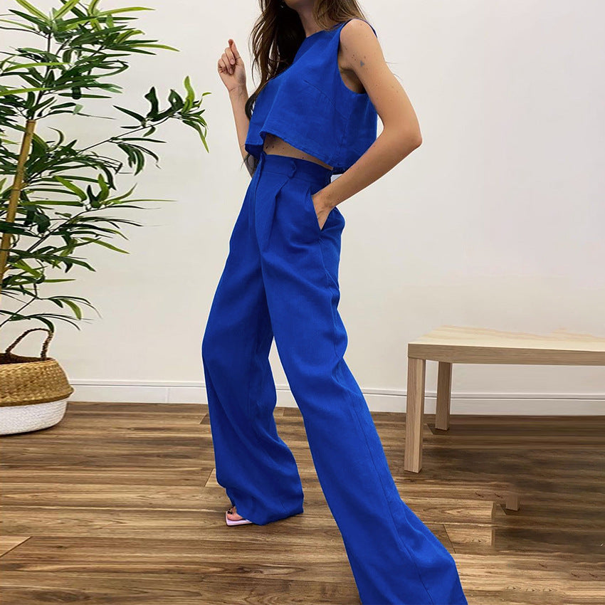 NTG Fad SUIT Klein blue / S Cotton and Linen Casual Fashion Vest Trousers Set Commuting Two-piece Set