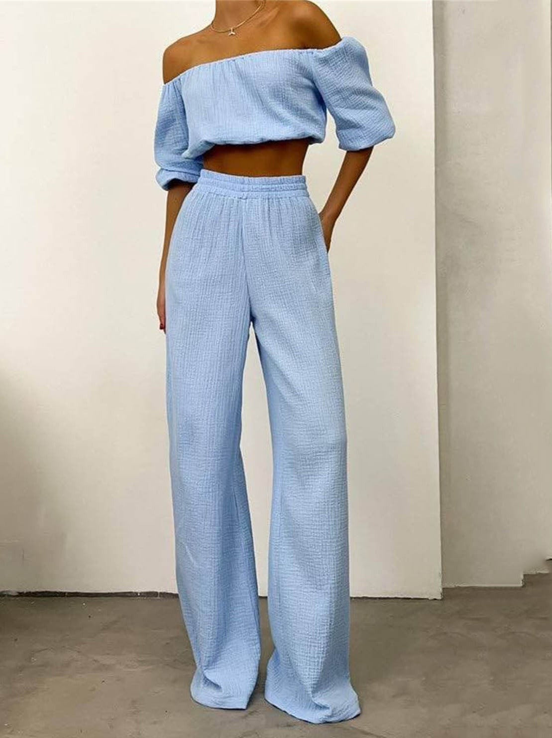 NTG Fad SUIT light blue / S One word collar top + casual straight pants set