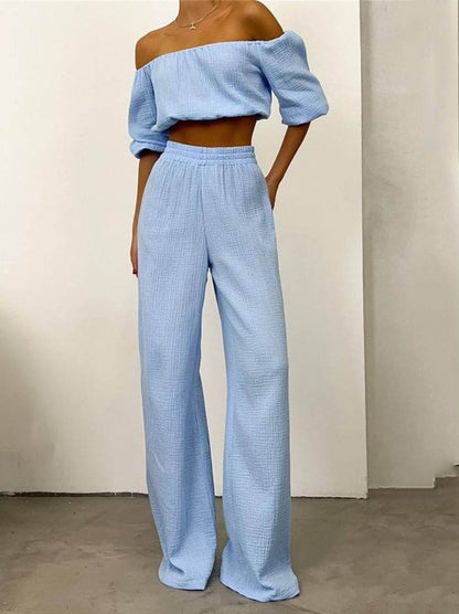 NTG Fad SUIT light blue / S One word collar top + casual straight pants set