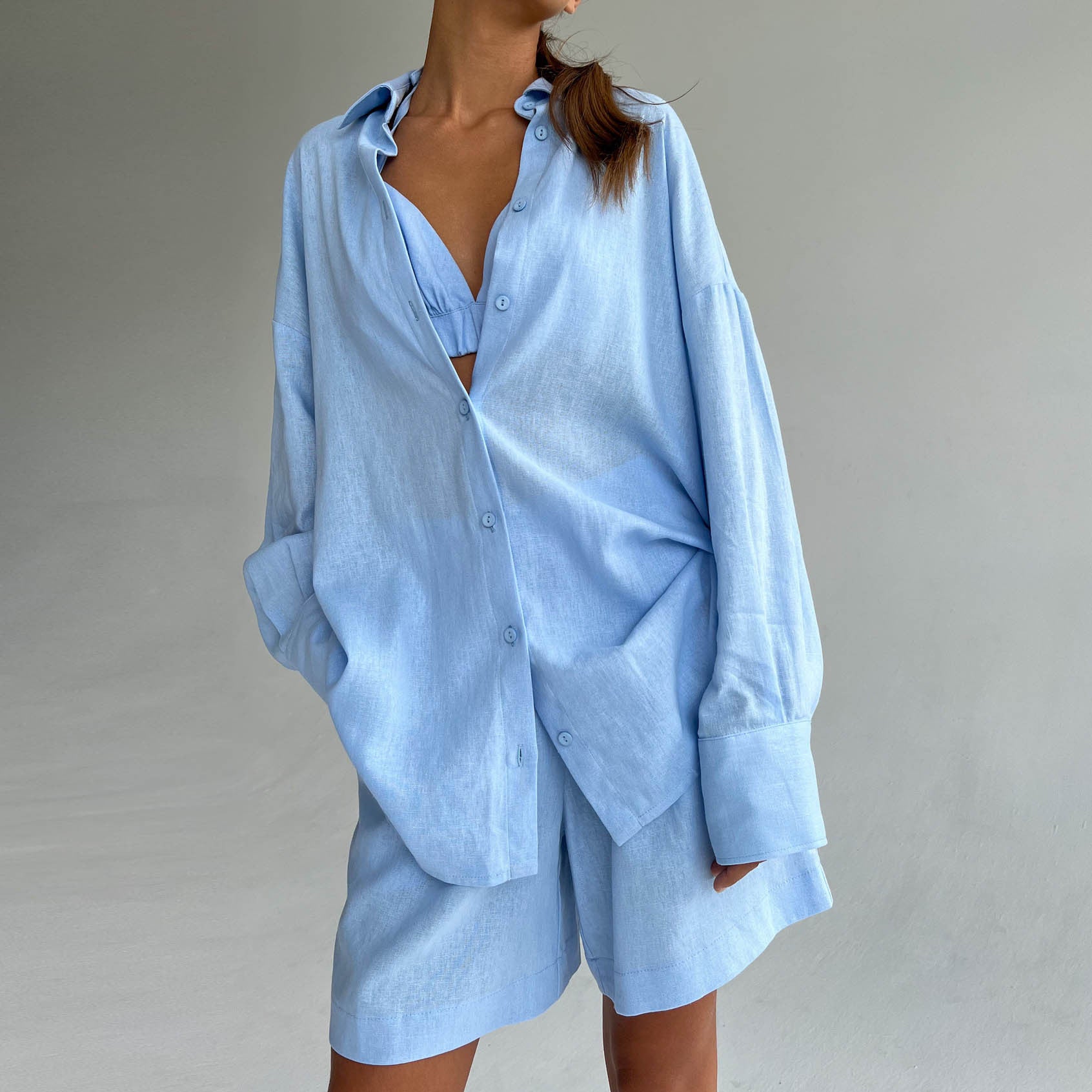 NTG Fad SUIT Light blue shorts / S cotton linen vest shirt four piece set