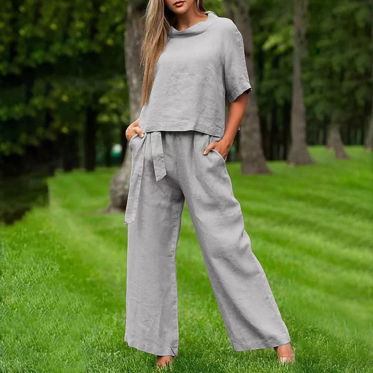 NTG Fad SUIT light gray / S Two-piece short-sleeved crew neck trousers set