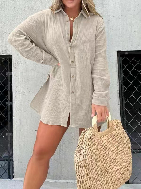 NTG Fad SUIT Light grey / 3XL 2023 Pleated long-sleeved shirt, high-waisted shorts, fashionable and casual two-piece set