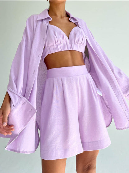 NTG Fad SUIT light purple top / S cotton linen vest shirt four piece set