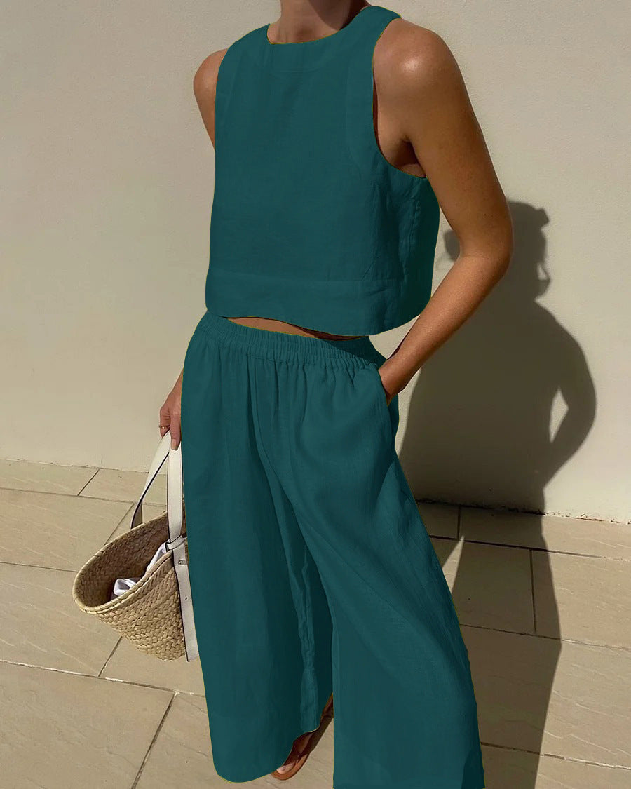 NTG Fad SUIT Malachite Green / S Chic Solid Linen Sleeveless 2-Piece Set