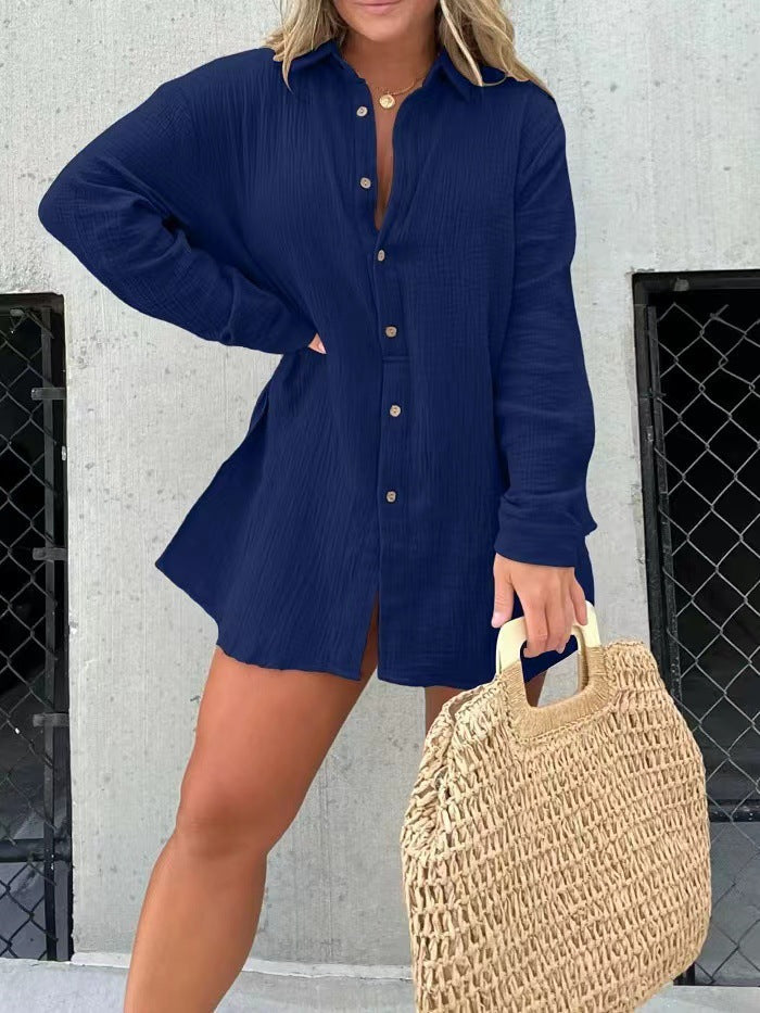 NTG Fad SUIT Navy blue / 2XL 2023 Pleated long-sleeved shirt, high-waisted shorts, fashionable and casual two-piece set