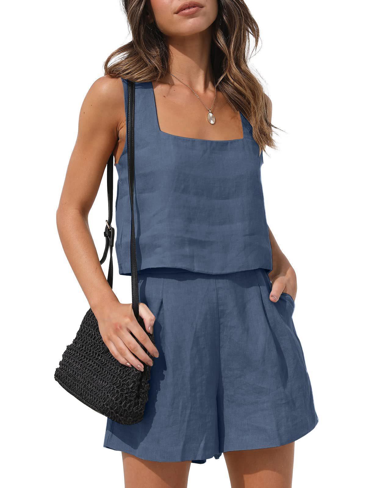 NTG Fad SUIT Navy blue / S 2 Piece Casual Set Linen Shorts Sleeveless Top Vest