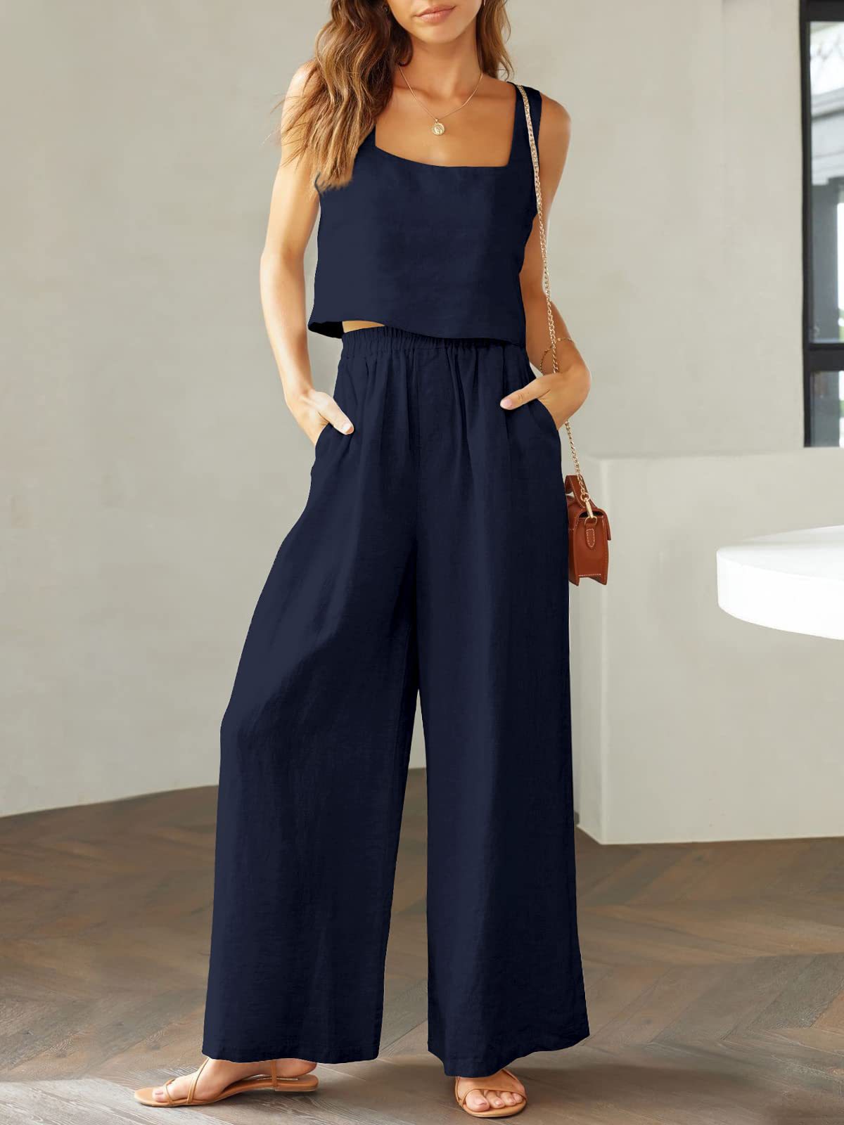 NTG Fad SUIT Navy blue / S Cotton linen sleeveless camisole wide-leg trousers casual suit