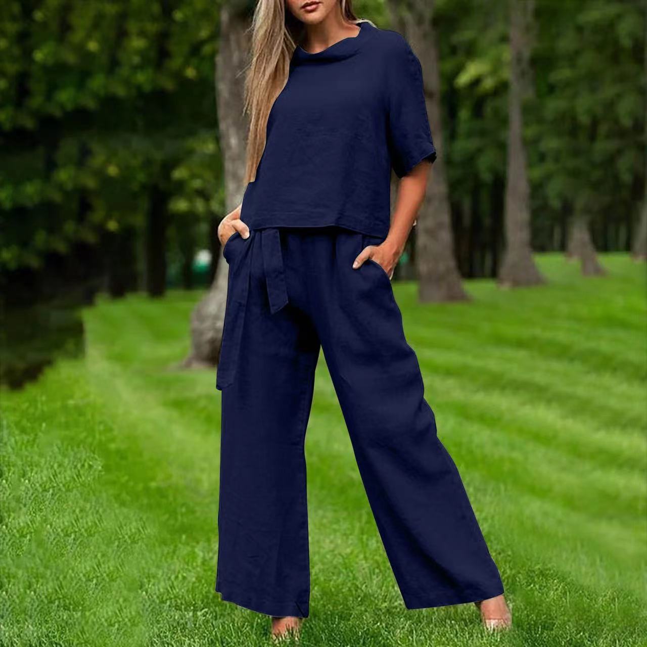 NTG Fad SUIT navy blue / S Two-piece short-sleeved crew neck trousers set