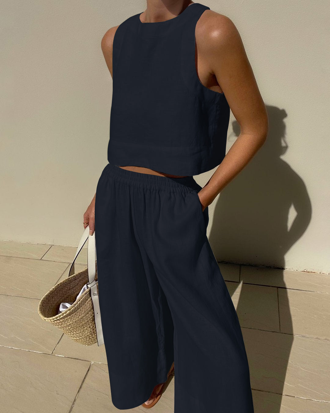 NTG Fad SUIT Navy / S Chic Solid Linen Sleeveless 2-Piece Set