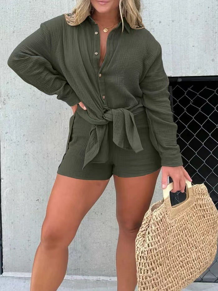 NTG Fad SUIT Olive green / S 2023 Pleated long-sleeved shirt, high-waisted shorts, fashionable and casual two-piece set