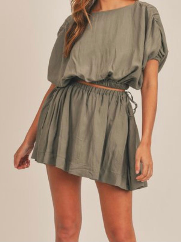 NTG Fad SUIT Olive / S Cotton and Linen Crop Top and Mini Skirt Set