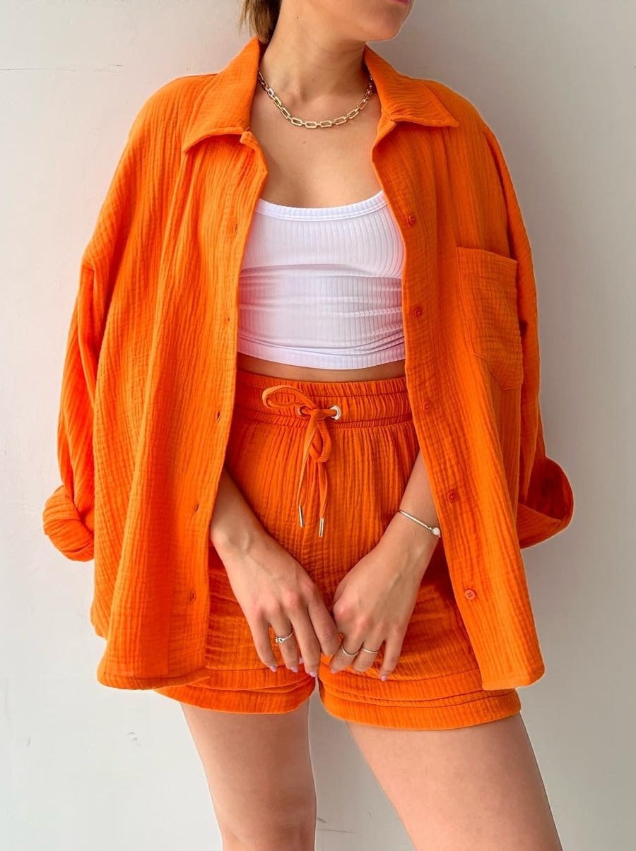 NTG Fad SUIT Orange / S Crepe Lapel Long Sleeve Shirt High Waist Drawstring Shorts Casual Two-Piece Set