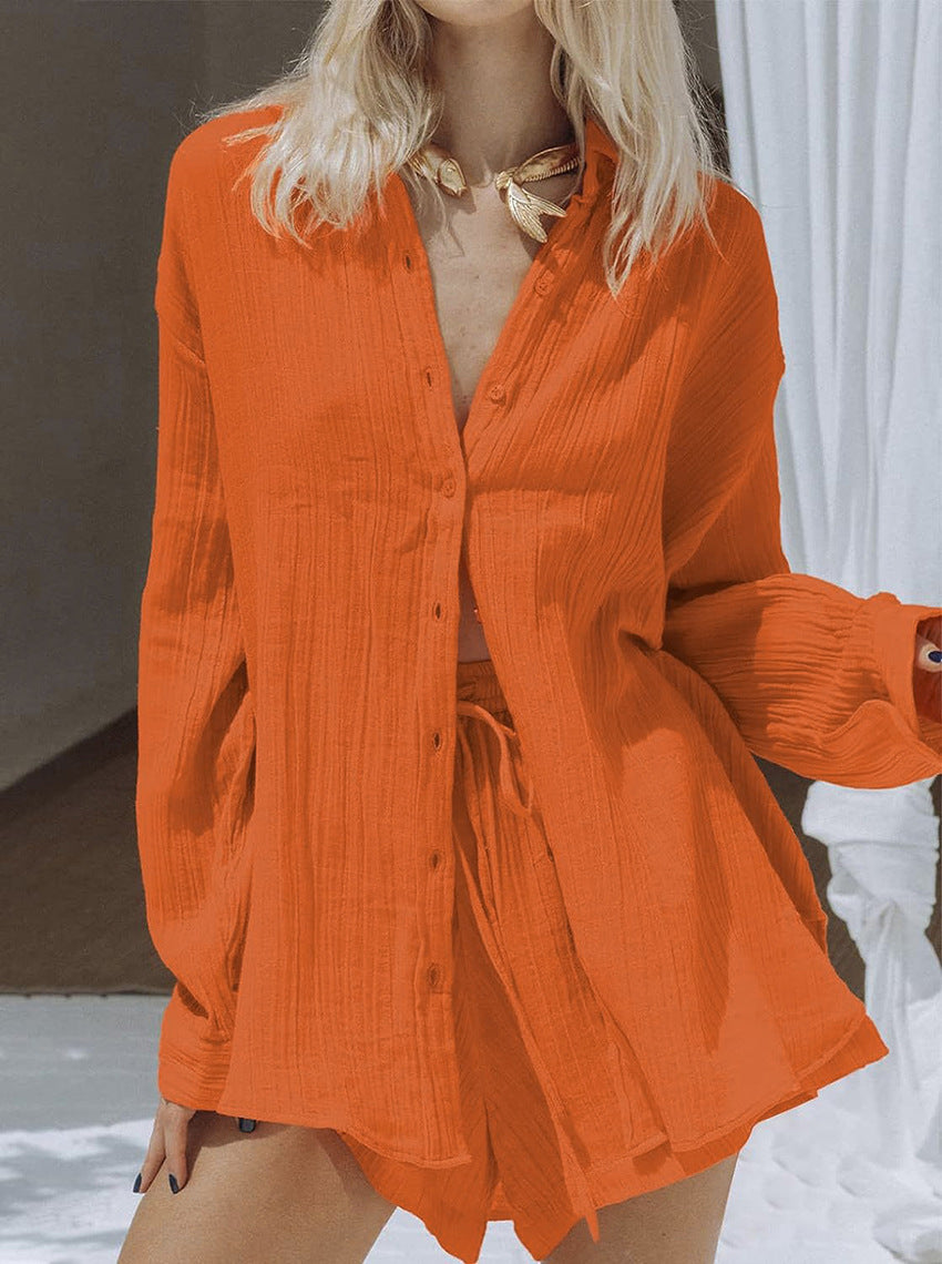 NTG Fad SUIT Orange / S Loose long-sleeved shirt and tie shorts pajamas two-piece set