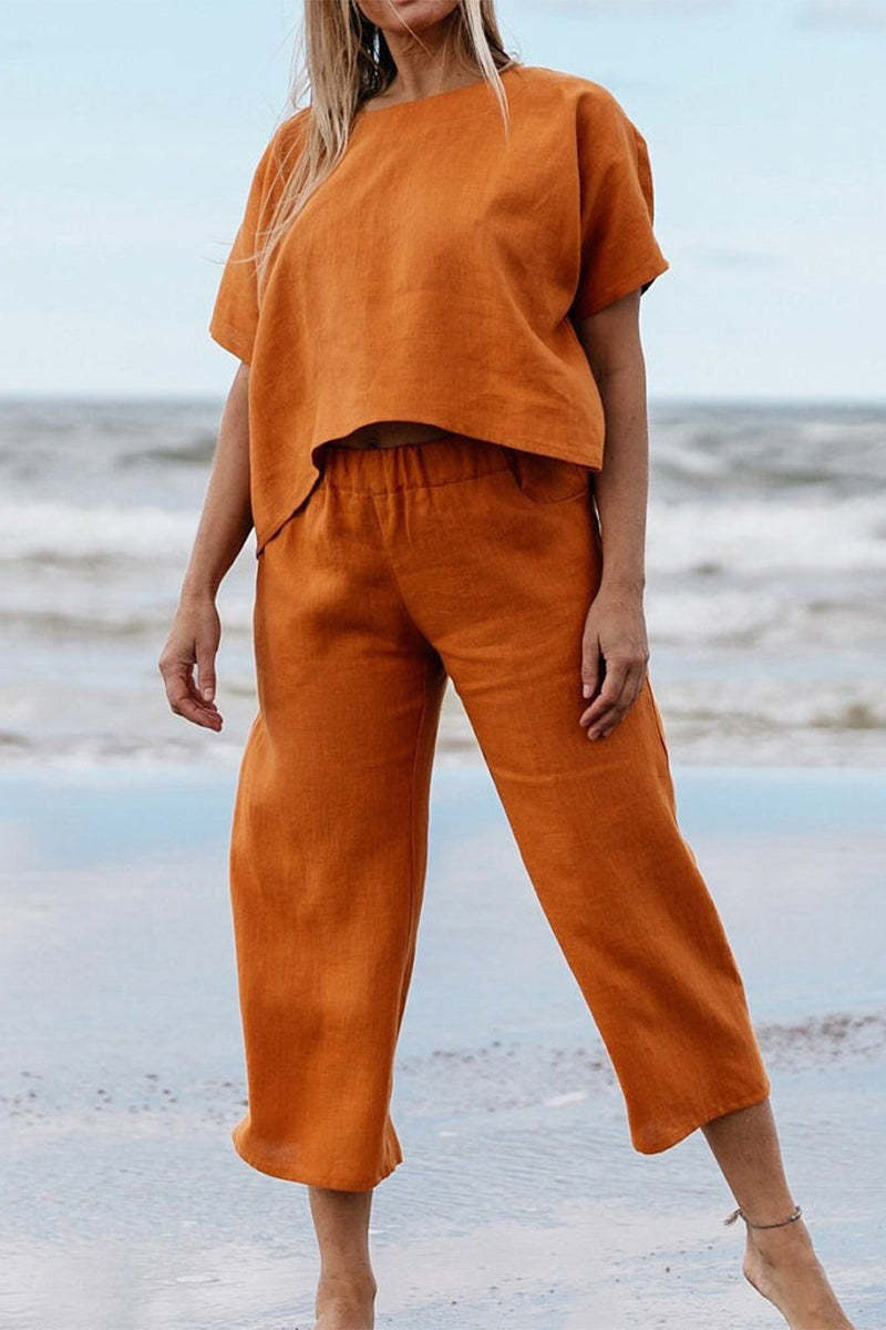 NTG Fad SUIT orange / S Solid color short-sleeved elegant commuter cotton and linen two-piece suit