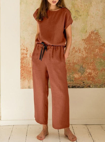NTG Fad SUIT orange / XL Round Neck Short Sleeve Drawstring Wide Leg Trousers Casual Set