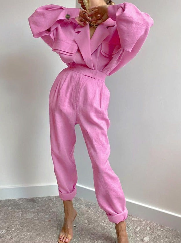 NTG Fad SUIT pink / S Cotton linen long sleeve trousers suit