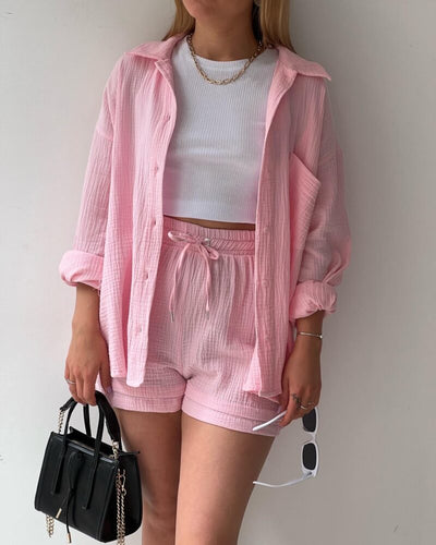 NTG Fad SUIT Pink / S Crepe Lapel Long Sleeve Shirt High Waist Drawstring Shorts Casual Two-Piece Set