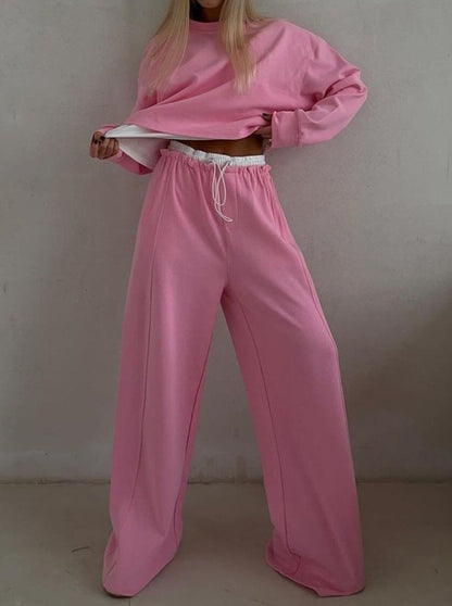 NTG Fad SUIT Pink / S Long Sleeve Round Neck Contrast Color Sweatshirt Set