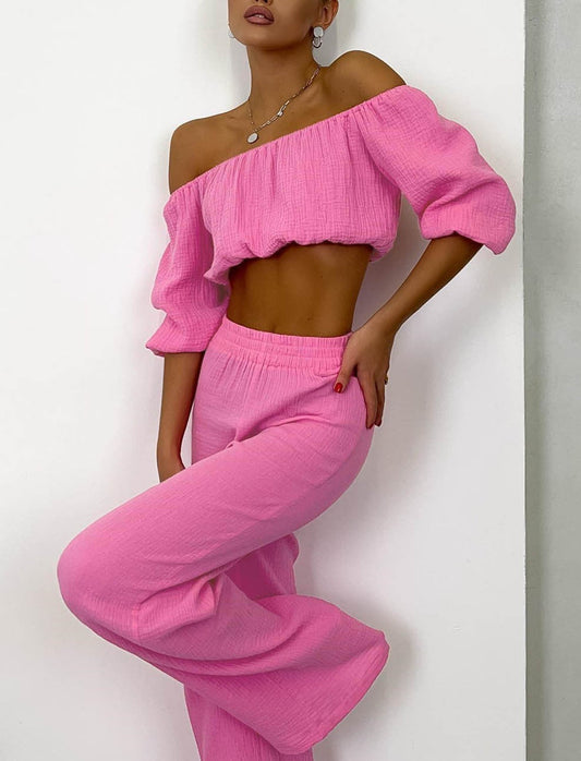 NTG Fad SUIT pink / S One word collar top + casual straight pants set