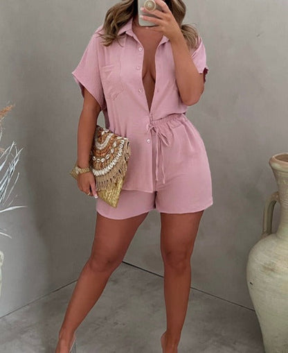 NTG Fad SUIT Pink / S Short sleeve shirt shorts two piece set