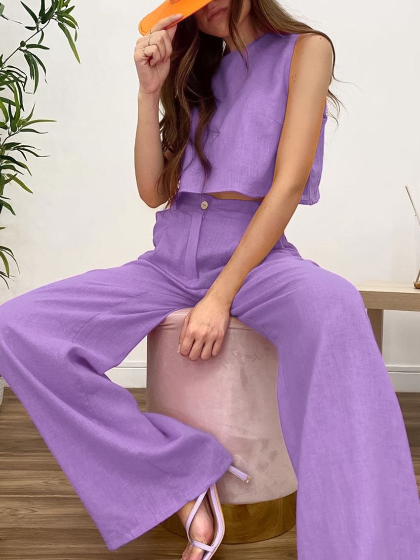 NTG Fad SUIT purple / S Cotton and Linen Casual Fashion Vest Trousers Set Commuting Two-piece Set