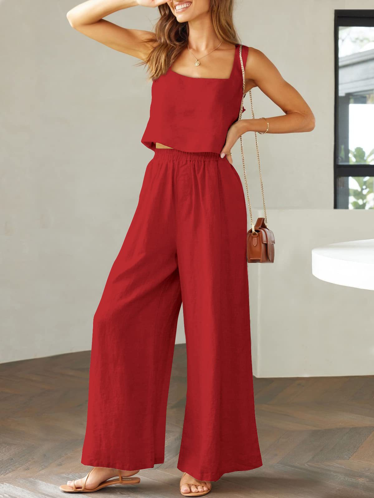NTG Fad SUIT Red / S Cotton linen sleeveless camisole wide-leg trousers casual suit