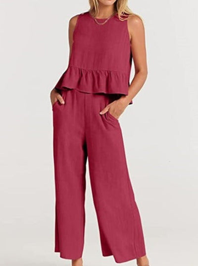 NTG Fad SUIT red / S Sleeveless pleated vest wide-leg cropped pants casual suit