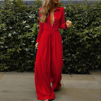 NTG Fad SUIT Red / S Solid color shirt loose trousers two piece set