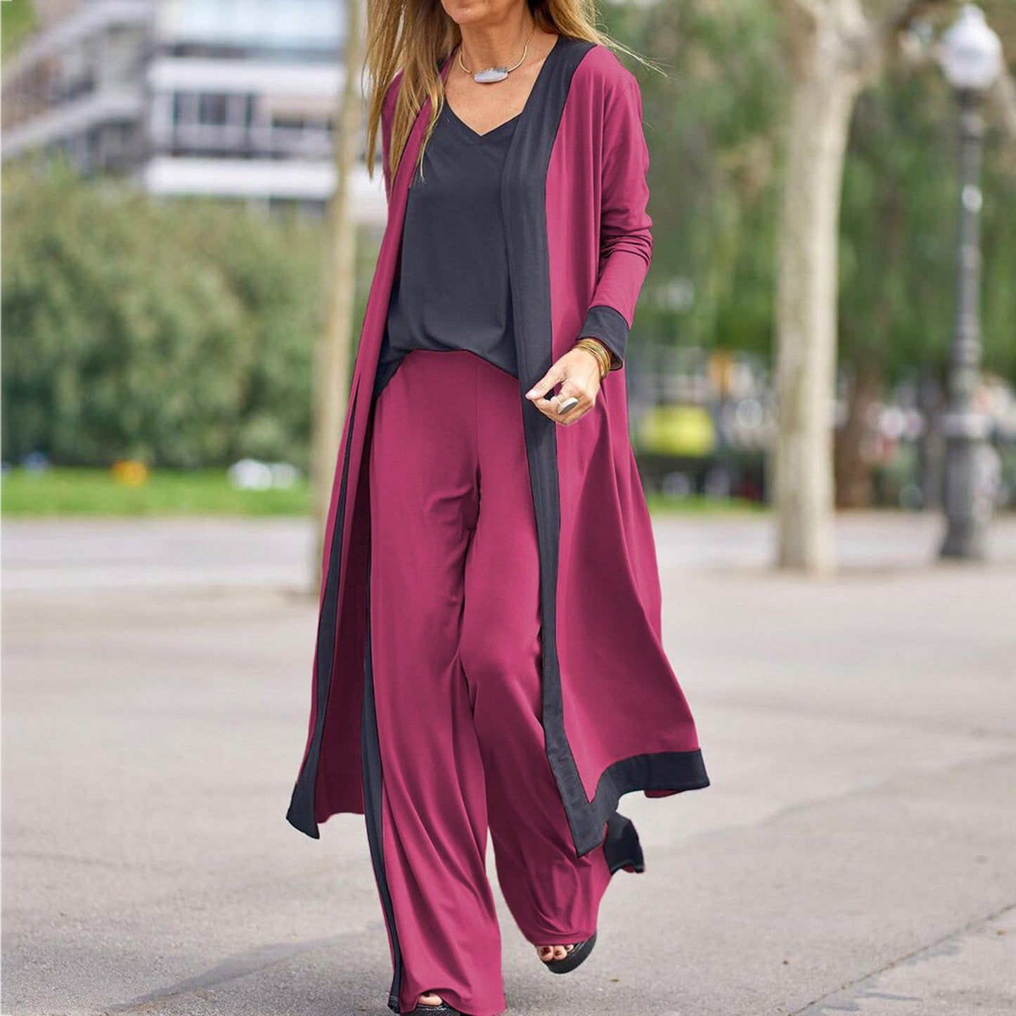 NTG Fad SUIT Red / S Splicing Contrasting Color Sleeveless Vest Long Sleeve Cardigan Jacket Trousers Three-piece SetSplicing Contrasting Color Sleeveless Vest Long Sleeve Cardigan Jacket Trousers Three-piece Set